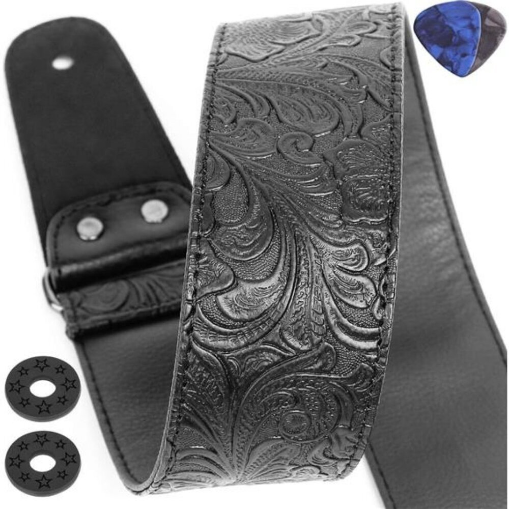 Black leather guitar strap adjustable vintage floral print for bass electric